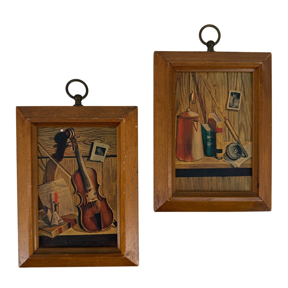 Vintage Still Life Framed Prints Set of 2 Violin & Fishing Rustic Wood Decor
